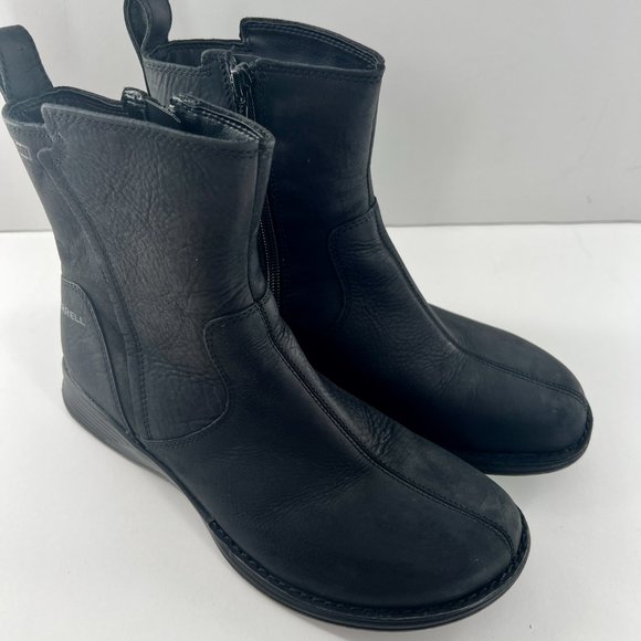 Merrell Travvy Black Leather Waterproof Boots Size 7.5 Bootie Mid Calf Size Zipp - Picture 2 of 14
